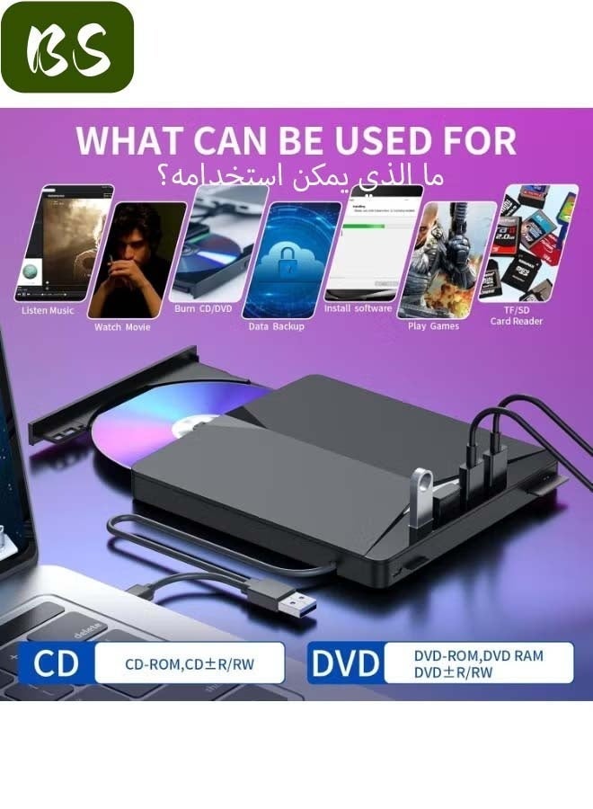 BS External CD/DVD Drive for Laptops | 7-in-1 USB 3.0 DVD Player | Portable CD/DVD Burner | Compatible with Laptops, Desktops, Windows 11/10/8/7, Linux, and Mac OS (Glossy Black) - Image 4