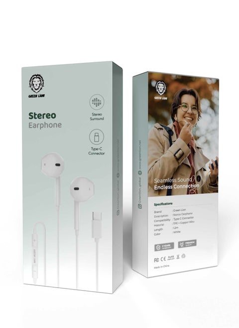 Wired Stereo Surround Earphones with Type-C Connector / TPE + Copper Wire Material / Seamless Sound / Endless Connection - White