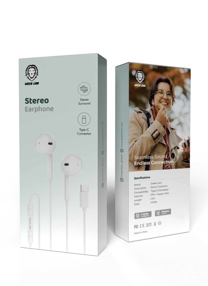 GREEN LION - Wired Stereo Surround Earphones with Type-C Connector / TPE + Copper Wire Material / Seamless Sound / Endless Connection - White - Image 1
