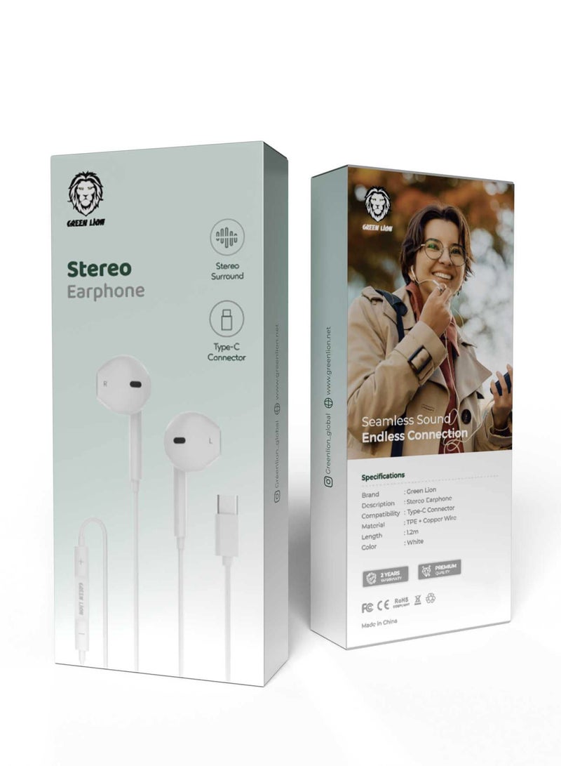 GREEN LION Wired Stereo Surround Earphones with Type-C Connector / TPE + Copper Wire Material / Seamless Sound / Endless Connection - White - Image 2