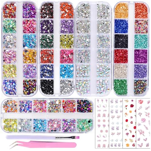 editTime 5 Boxes Shiny Colorful Nail Art Rhinestones Kit 3D Flatback Horse Eye Rhinestones Irregular Nail Stone and 4 Sheets Flower Nail Stickers with a Curved Tweezers and a Nail Brush multicolor