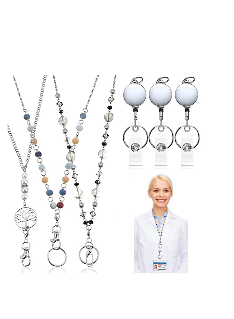 SYOSI Retractable Badge Reel Jeweled Lanyard with ID Holder Set, Necklace Name Badge Holder Lanyard Beaded Chain with Waterproof Name Badge Holder Clip for Woman Girl Office(3 Pieces) - Image 1