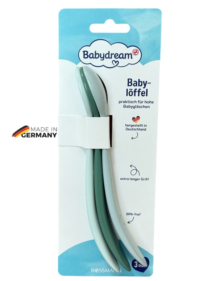 BabyDream German Brand, Set of 3 Baby Spoons – 3-Piece Baby Feeding Training Spoon, Extra-Long Grip, Lightweight, High-Quality Plastic, Colourfast & Odourless, Recommended from 6 Months  - Image 1