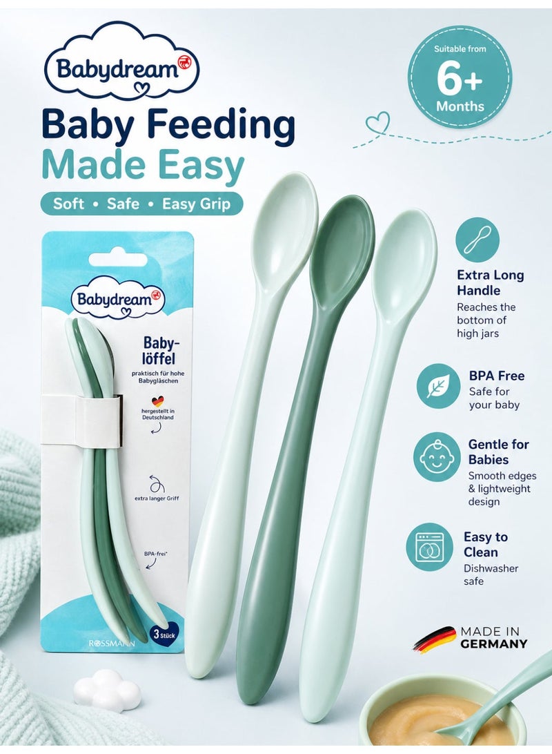 BabyDream German Brand, Set of 3 Baby Spoons – 3-Piece Baby Feeding Training Spoon, Extra-Long Grip, Lightweight, High-Quality Plastic, Colourfast & Odourless, Recommended from 6 Months - Image 1