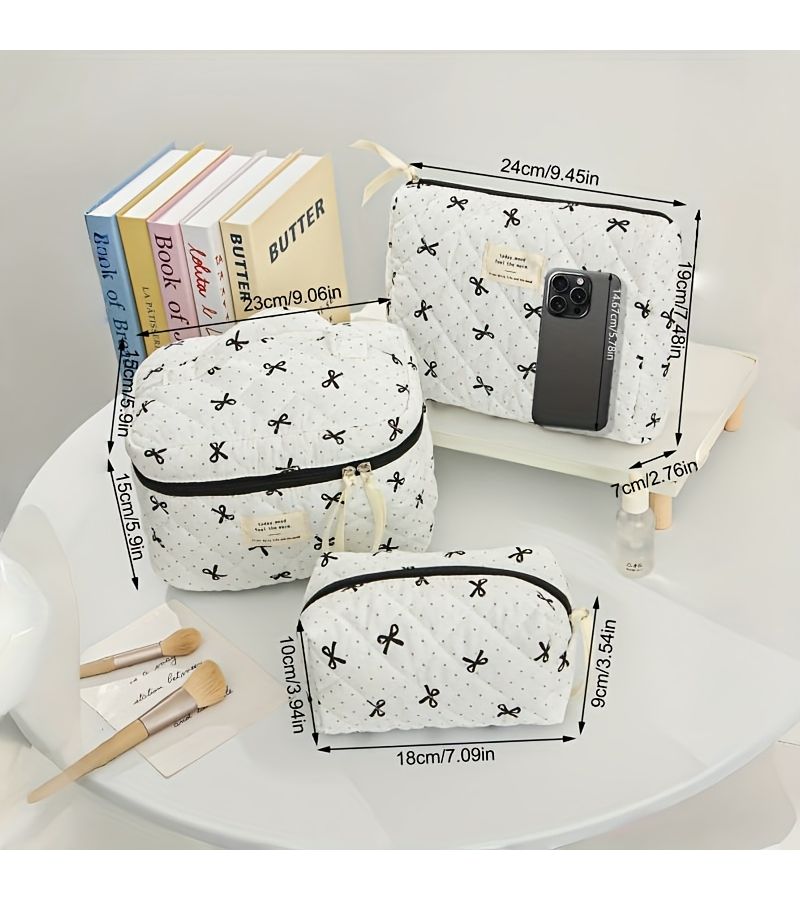 Large Capacity Quilted Makeup Bag Size M With Handle Bow And Polka Dot - Image 5