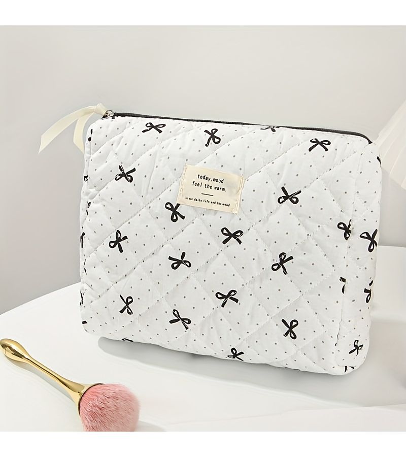 Large Capacity Quilted Makeup Bag Size M With Handle Bow And Polka Dot - Image 4