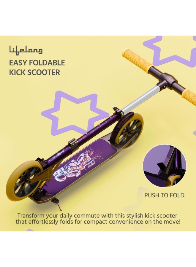 Lifelong Foldable Kick Scooter for Kids 5+ Years | Aluminum Body, 4-Level Adjustable Handlebar | 120kg Capacity | Baby Scooter for Boys & Girls | Outdoor Toy, Ride-on Fun | Purple & Yellow - Image 4