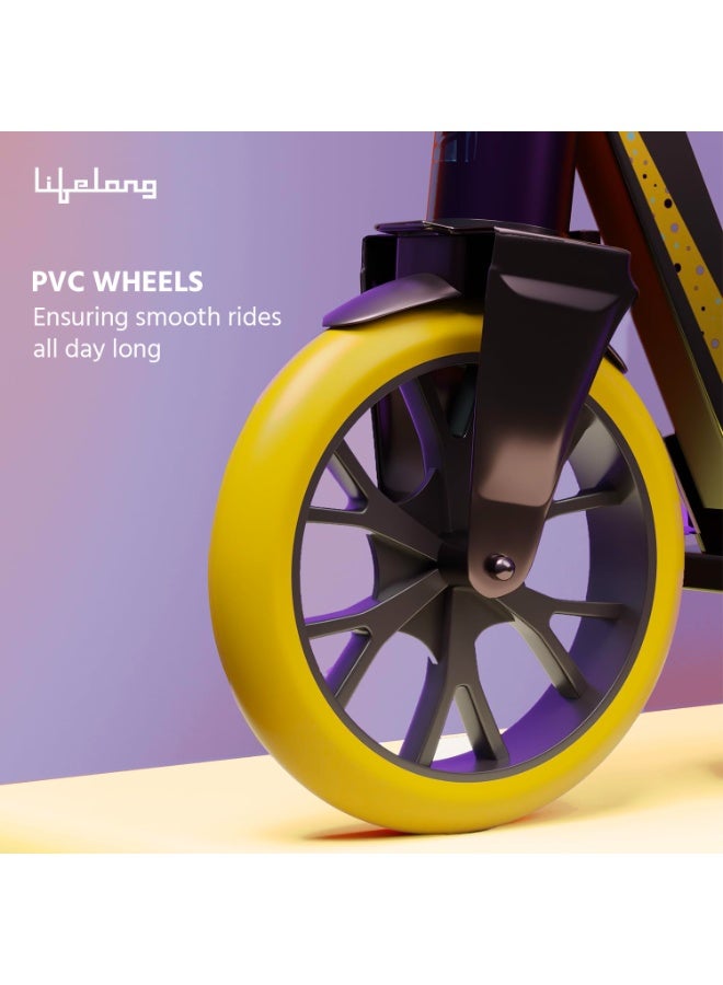 Lifelong Foldable Kick Scooter for Kids 5+ Years | Aluminum Body, 4-Level Adjustable Handlebar | 120kg Capacity | Baby Scooter for Boys & Girls | Outdoor Toy, Ride-on Fun | Purple & Yellow - Image 2