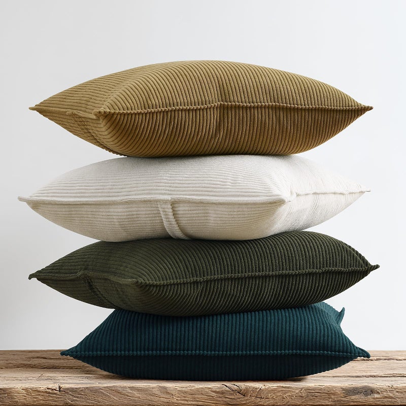 Fuhana Throw Pillow Covers 18x18 Corduroy Set of 4 Decorative Couch Throw Pillow Cases Square Boho Velvet Cushion Covers for Sofa Bed Living Room Home Decor Gift for Thanksgiving Day Christmas Green Brown - Image 1