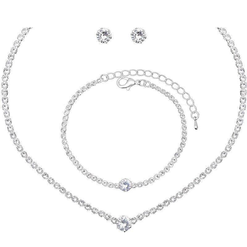 Aixiao Silver Choker Necklace Earrings Tennis Bracelet Set Cubic Zirconia Crystal Wedding Jewelry Sets for Bride Bridesmaid Prom Formal Costume Accessories - Image 1