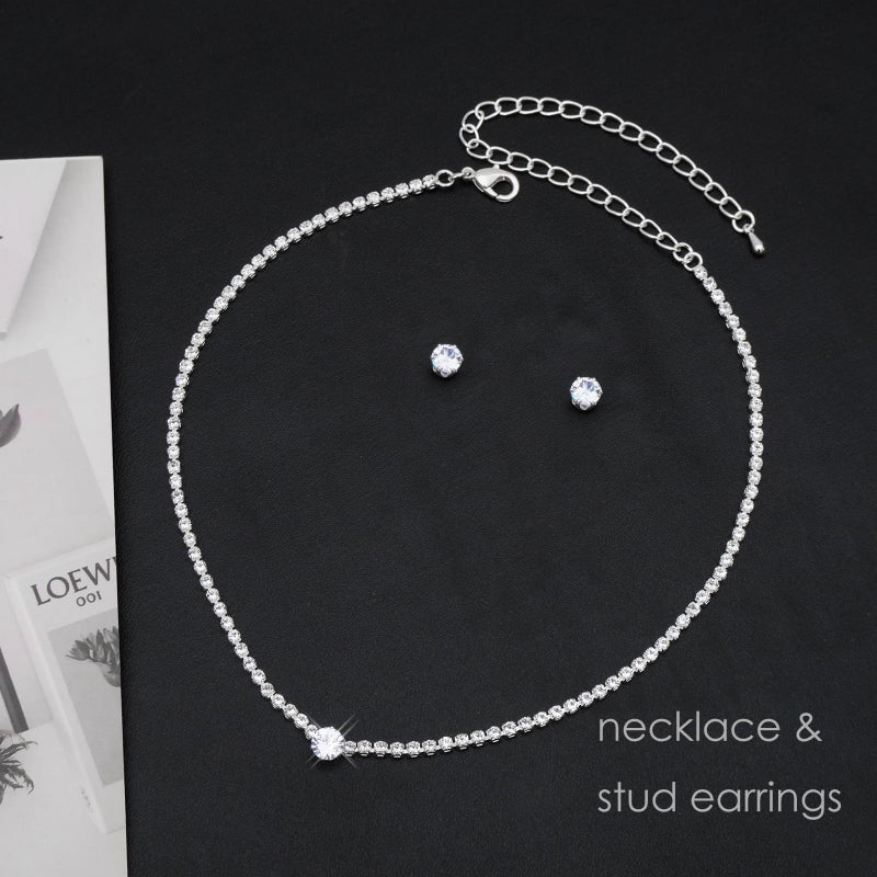 Aixiao Silver Choker Necklace Earrings Tennis Bracelet Set Cubic Zirconia Crystal Wedding Jewelry Sets for Bride Bridesmaid Prom Formal Costume Accessories - Image 3