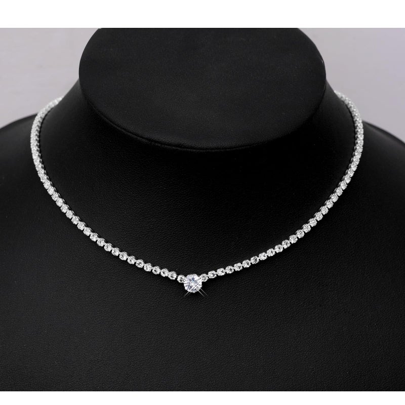 Aixiao Silver Choker Necklace Earrings Tennis Bracelet Set Cubic Zirconia Crystal Wedding Jewelry Sets for Bride Bridesmaid Prom Formal Costume Accessories - Image 5