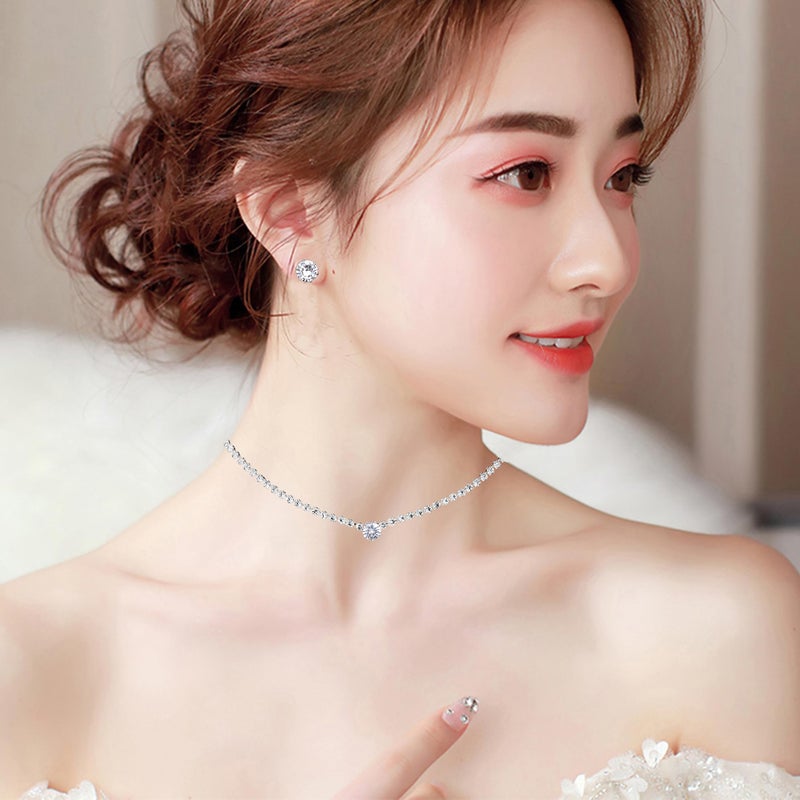 Aixiao Silver Choker Necklace Earrings Tennis Bracelet Set Cubic Zirconia Crystal Wedding Jewelry Sets for Bride Bridesmaid Prom Formal Costume Accessories - Image 2