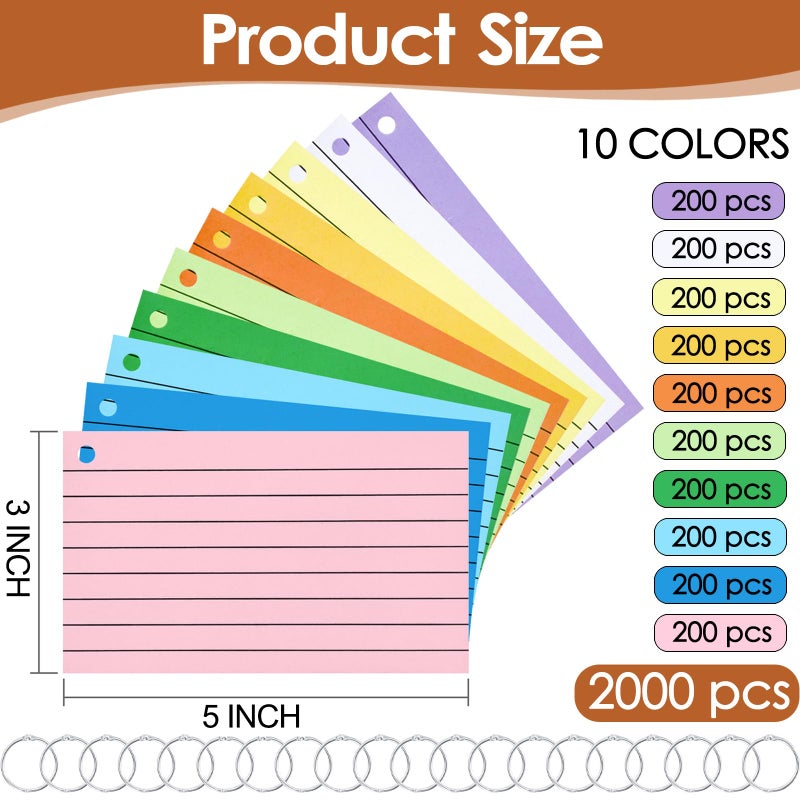 Beieverluck 2000 PCS Index Cards 3x5 Inches Colored Flash Cards with Ring Lined Flashcards Ruled Index Cards Notecards Study Cards Note Cards for Studying Learning School College, 10 Colors - Image 2