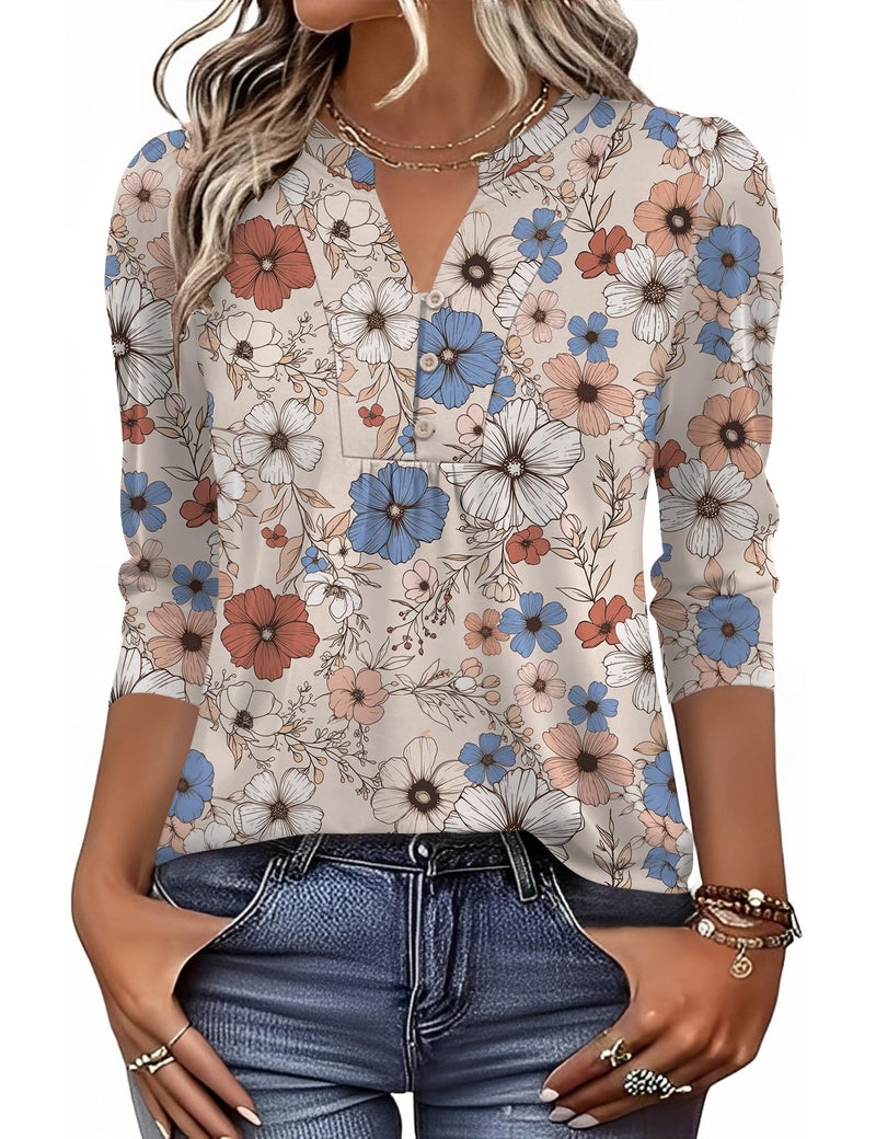IECCP Womens Tops Dressy Casual Blouses 3/4 Puff Sleeve Spring Summer Tops Loose Fit Pleated V-Neck Tshirts Womens Work Clothes (Grey Pattern,M) - Image 2