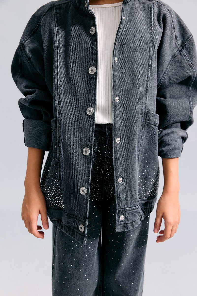 DeFacto Grey Girl Girl 100% Cotton High Neck Denim Jacket Casual - Image 4