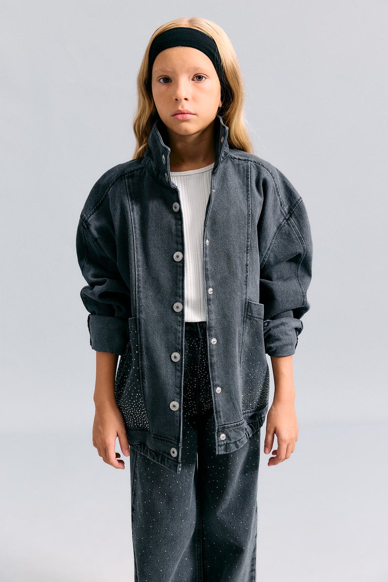 DeFacto Grey Girl Girl 100% Cotton High Neck Denim Jacket Casual - Image 1