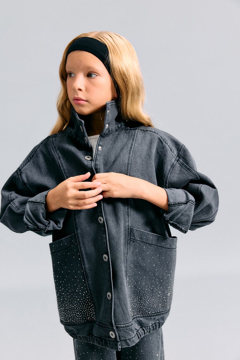 DeFacto Grey Girl Girl 100% Cotton High Neck Denim Jacket Casual - Image 3