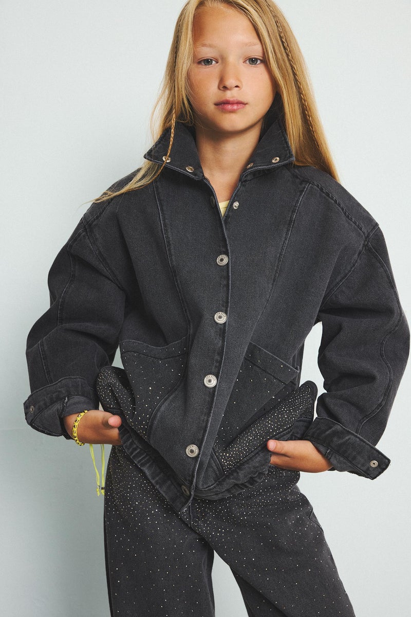 DeFacto Grey Girl Girl 100% Cotton High Neck Denim Jacket Casual - Image 1