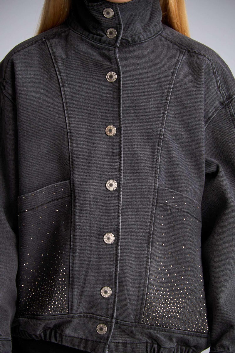 DeFacto Grey Girl Girl 100% Cotton High Neck Denim Jacket Casual - Image 4