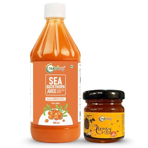 NutriOrg Pure Sea Buckthorn Juice 500 ml with 50gm honey | 100% Himalayan Berry Pulp | Omega 3,6,7,9 & Vitamin C | Best for Immunity & Antioxidant Rich | No Added Sugar & Colour - Image 1