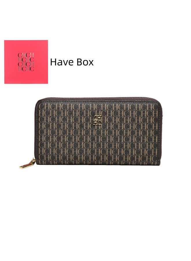 CAROLINA HERRERA Long Coffee Wallet with Zip Closure CH Embossed Business Style Unisex for Cash Cards Gift Box Ideal for Gifting & Personal Use Versatile - Image 1