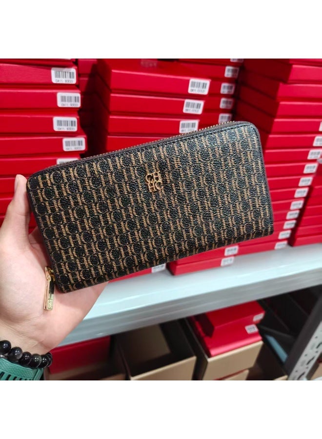 CAROLINA HERRERA Long Coffee Wallet with Zip Closure CH Embossed Business Style Unisex for Cash Cards Gift Box Ideal for Gifting & Personal Use Versatile - Image 1