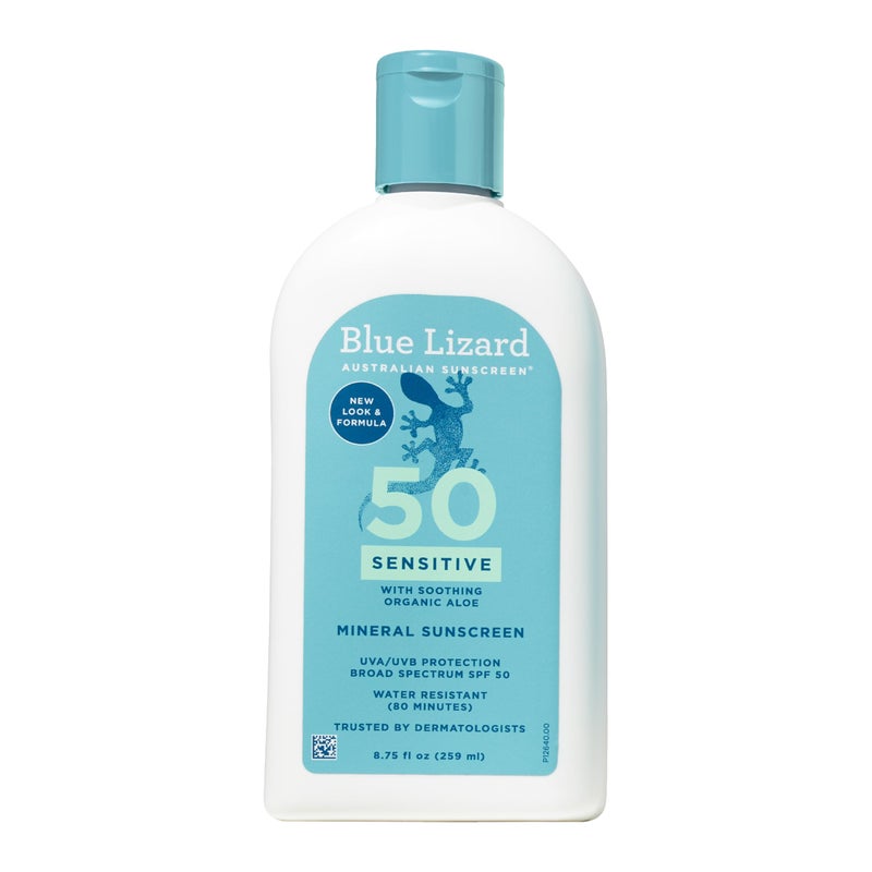 واقي شمس معدني حساس من بلو ليزارد مع أكسيد الزنك SPF 50 مقاوم للماء حماية UVA/UVB بتقنية الزجاجة الذكية خالي من العطور 875 أونصة