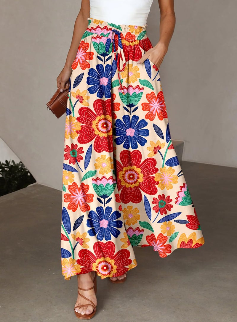 Dokotoo Wide Leg Pants Woman Fashion Summer Boho Casual High Waisted Elastic Floral Print Pants with Pockets Loose Fit Drawstring Beach Vacation Clothes for Women Baggy Soft Trousers Medium Apricot - Image 2