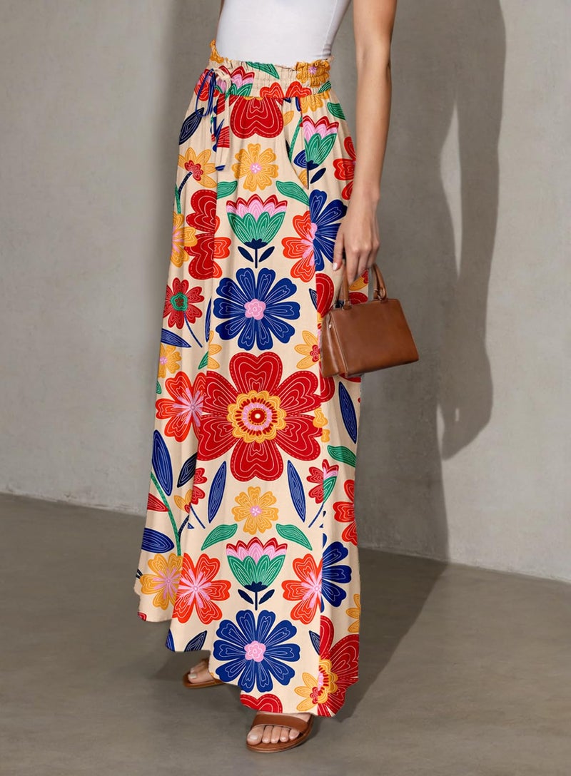 Dokotoo Wide Leg Pants Woman Fashion Summer Boho Casual High Waisted Elastic Floral Print Pants with Pockets Loose Fit Drawstring Beach Vacation Clothes for Women Baggy Soft Trousers Medium Apricot - Image 3