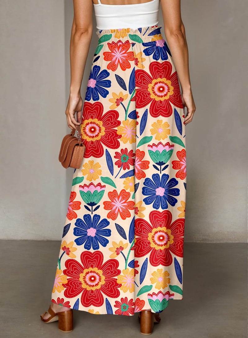 Dokotoo Wide Leg Pants Woman Fashion Summer Boho Casual High Waisted Elastic Floral Print Pants with Pockets Loose Fit Drawstring Beach Vacation Clothes for Women Baggy Soft Trousers Medium Apricot - Image 4
