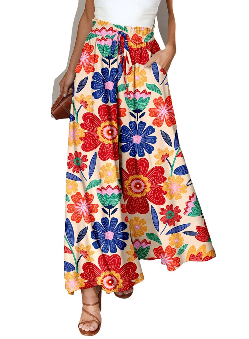 Dokotoo Wide Leg Pants Woman Fashion Summer Boho Casual High Waisted Elastic Floral Print Pants with Pockets Loose Fit Drawstring Beach Vacation Clothes for Women Baggy Soft Trousers Medium Apricot - Image 1