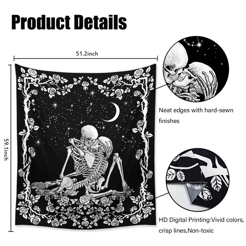 Wonrizon The Lovers Skull Tapestry,Black and White Romantic Constellation Skeleton Tapestries Wall Hanging decor for Living Room Bedroom (51.2â€x 59.1â€) - Image 2
