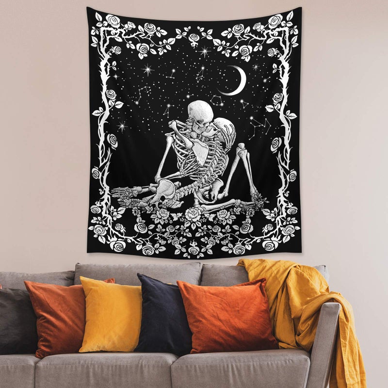 Wonrizon The Lovers Skull Tapestry,Black and White Romantic Constellation Skeleton Tapestries Wall Hanging decor for Living Room Bedroom (51.2â€x 59.1â€) - Image 4