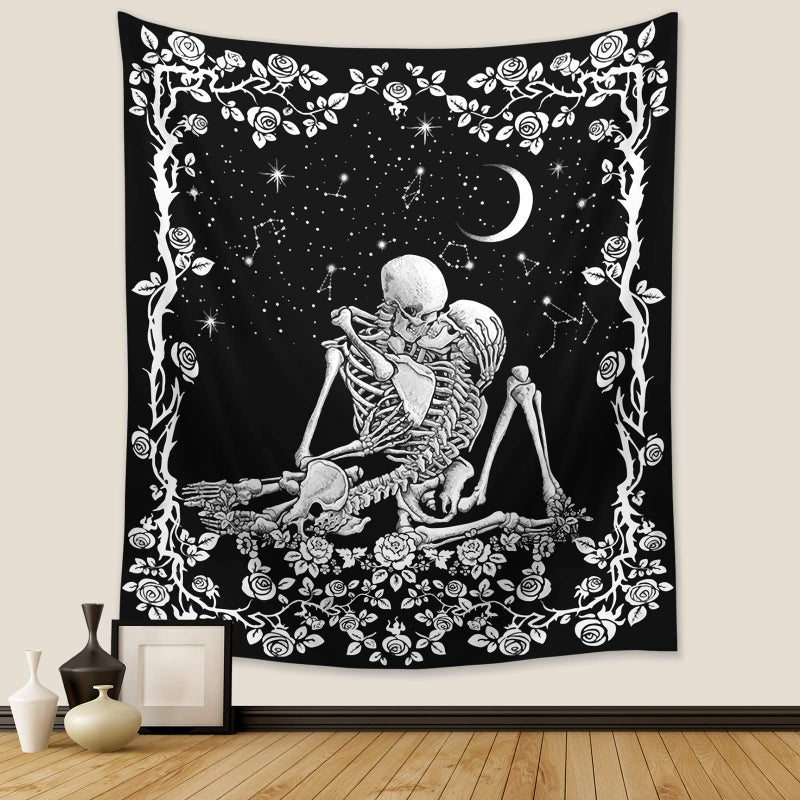 Wonrizon The Lovers Skull Tapestry,Black and White Romantic Constellation Skeleton Tapestries Wall Hanging decor for Living Room Bedroom (51.2â€x 59.1â€) - Image 1