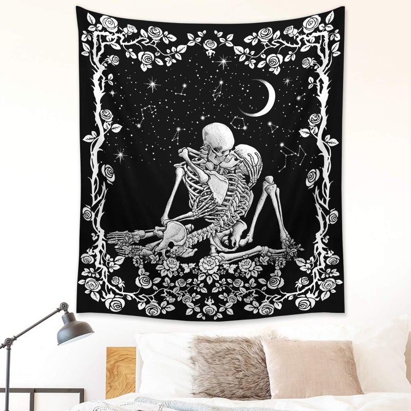 Wonrizon The Lovers Skull Tapestry,Black and White Romantic Constellation Skeleton Tapestries Wall Hanging decor for Living Room Bedroom (51.2â€x 59.1â€) - Image 3