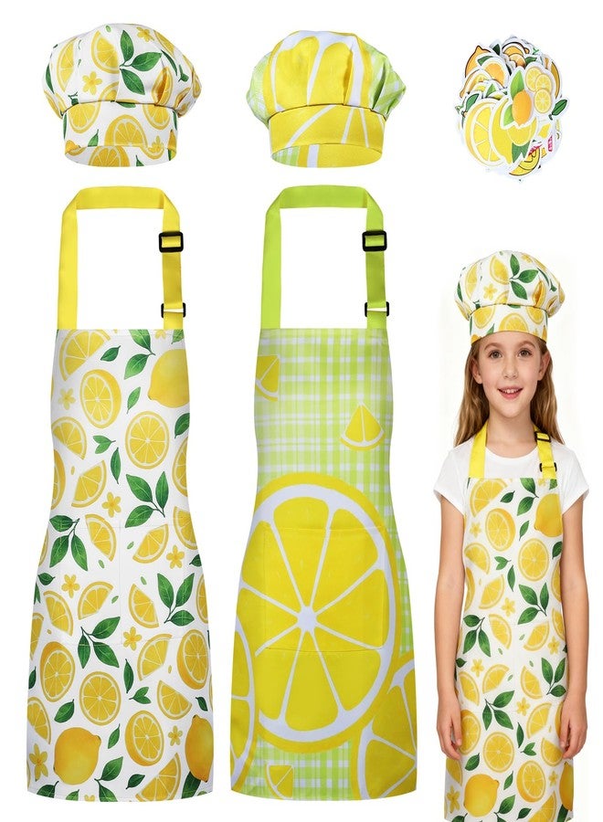 DASHUAIGE 2 Pack Lemon Theme Kids Apron Set with 50 Stickers, Adjustable Lemonade Stand Apron for Baking Painting Party - Image 1