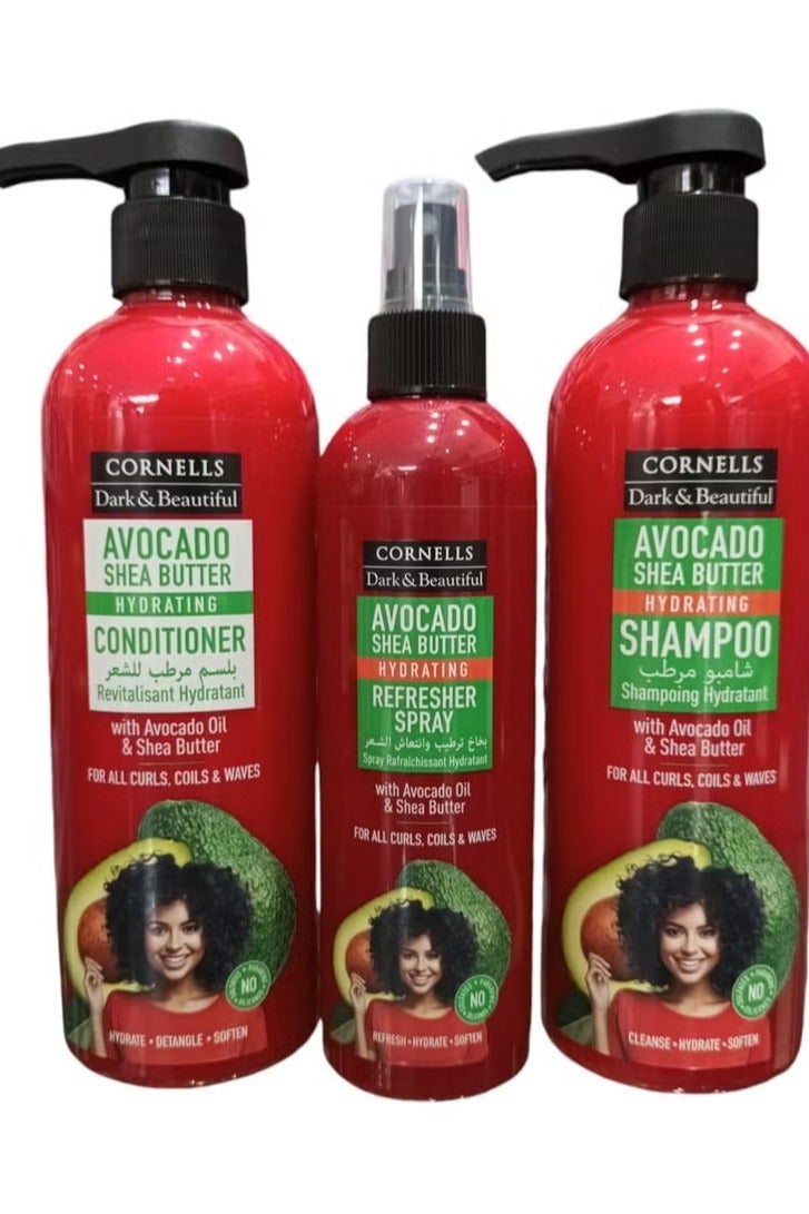 Shampoo 480 ml Conditioner 480 ml and Spray 250 ml Hair Moisturizer With Avocado and Shea Butter Free of Parabens Sulfates and Silicones