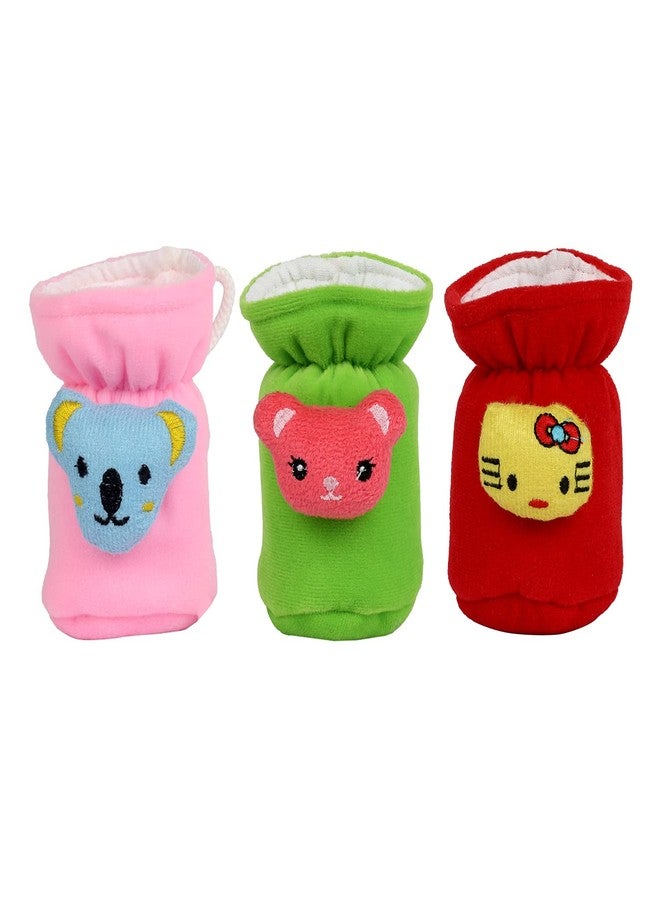 Happy Days Baby Feeding Bottle Cover with Stretchable Elastic Neck and Easy to Hold Strap/Hosiery Fabric/Pink Green Red/Soft Cartoon Character Attached (Small /60 ml) - Pack of 3 - Image 1