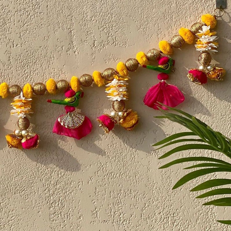 Kaameri Bazaar Traditional Handmade toran|Multicolor String with gota pom pom, Parrot and Beads|for Diwali Decorations Items Fancy Decorative Garland Door Hanging, Bandarwal, Toran, 42 Inch - Image 2