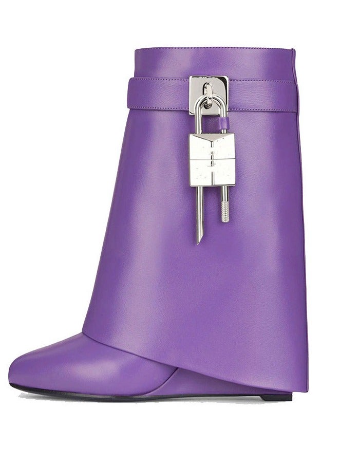 Loquat Women's Stylish Fold Over Ankle Boots Pointed Toe Wedge High Heels Short Tube Boots Purple
