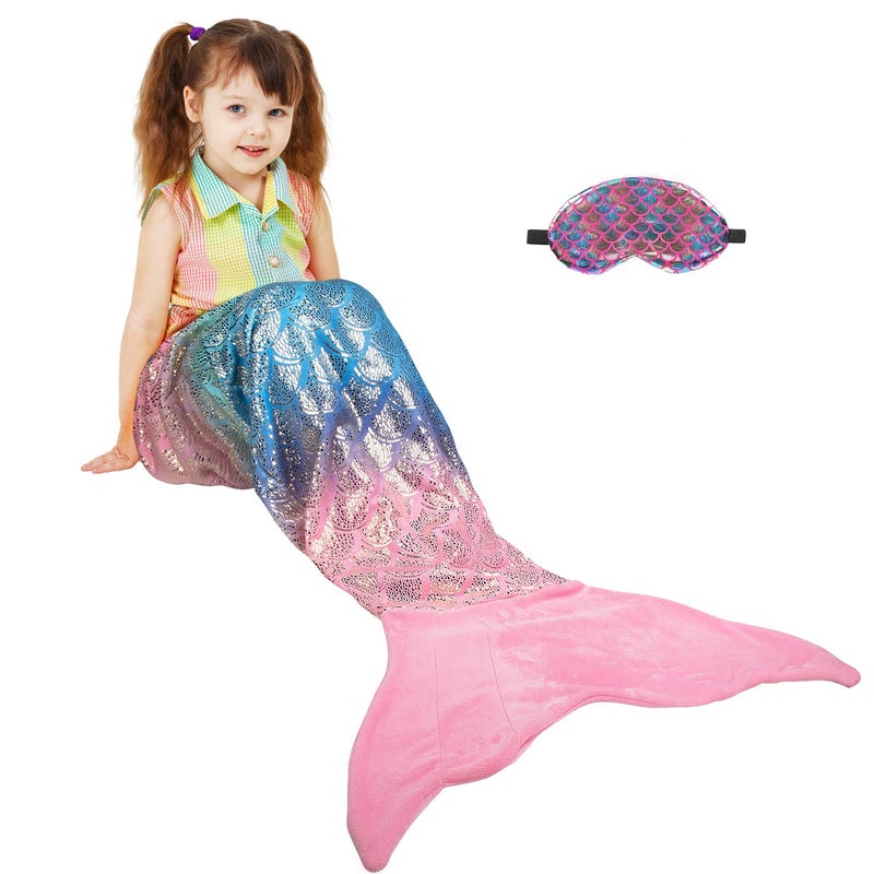Catalonia Kids Mermaid Tail with Sleep Mask Super Soft Flannel Sleeping Snuggle Blanket for Girls Fish Scale Pattern Birthday Gift for Daughter