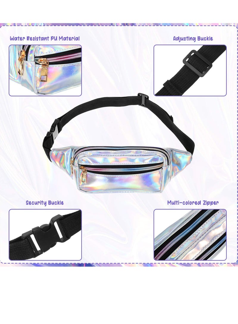 Zikra 2 Piece Waist Pack Shiny Holographic Waist Pack Waterproof Neon Waist Pack Holiday Ladies, Men'S Pack Outdoor Sports Cell Phone Pack (Silver, Black) - Image 2