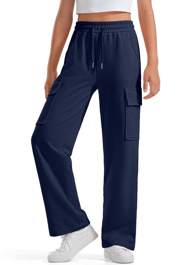 BOOPH Girls Sweatpants Kids Drawstring Cargo Pants Teen Girls Wide Leg Baggy Joggers Pants with Pockets, Navy, 14-15 Years - Image 2