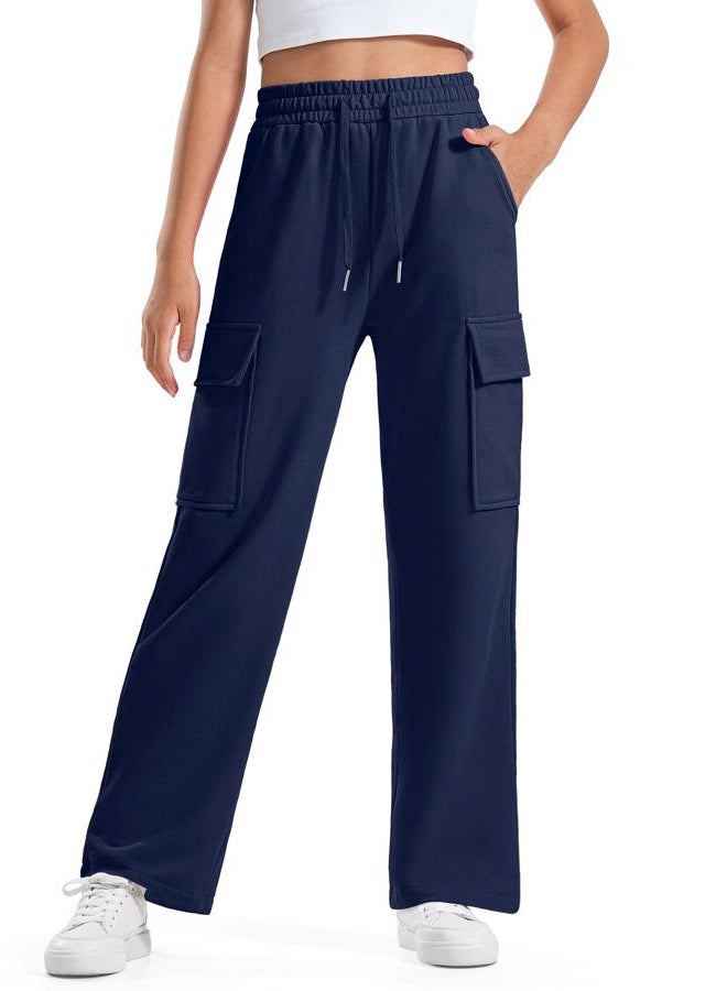 BOOPH Girls Sweatpants Kids Drawstring Cargo Pants Teen Girls Wide Leg Baggy Joggers Pants with Pockets, Navy, 14-15 Years - Image 1