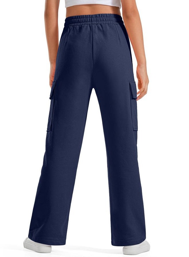 BOOPH Girls Sweatpants Kids Drawstring Cargo Pants Teen Girls Wide Leg Baggy Joggers Pants with Pockets, Navy, 14-15 Years - Image 4