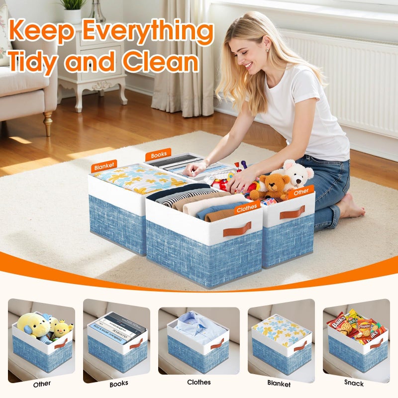 Fab totes Collapsible Storage Baskets for Shelves,14"x10", 4 Pack Foldable Fabric Storage Bins with Double Leather Handles, Large Baskets for Organizing Books, Clothes, White & Blue - Image 4