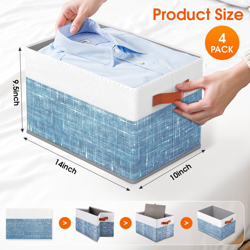Fab totes Collapsible Storage Baskets for Shelves,14"x10", 4 Pack Foldable Fabric Storage Bins with Double Leather Handles, Large Baskets for Organizing Books, Clothes, White & Blue - Image 2