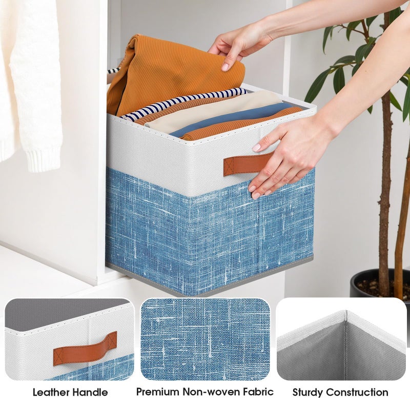 Fab totes Collapsible Storage Baskets for Shelves,14"x10", 4 Pack Foldable Fabric Storage Bins with Double Leather Handles, Large Baskets for Organizing Books, Clothes, White & Blue - Image 3