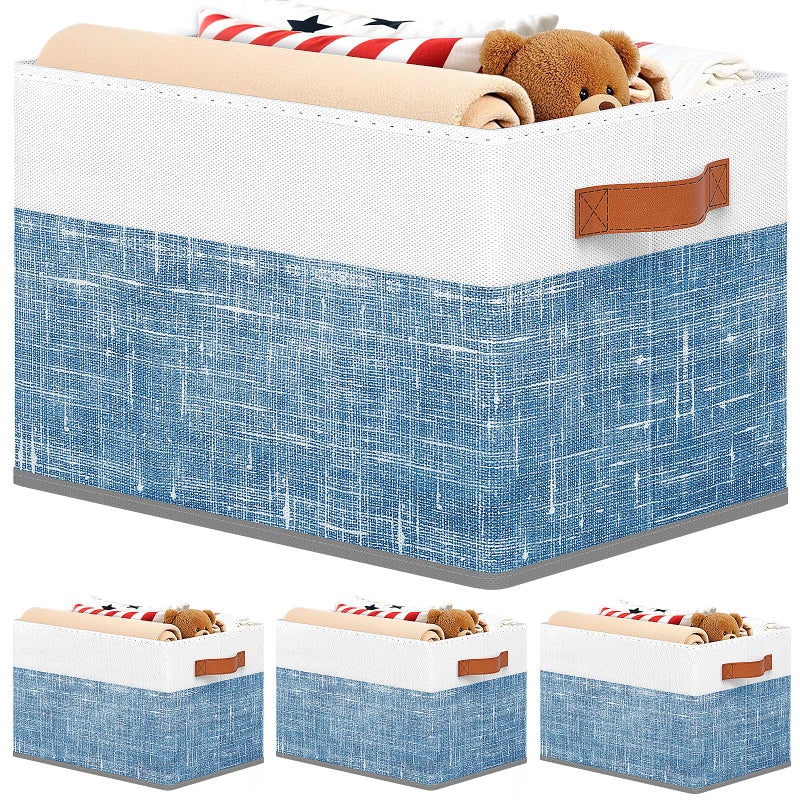 Fab totes Collapsible Storage Baskets for Shelves,14"x10", 4 Pack Foldable Fabric Storage Bins with Double Leather Handles, Large Baskets for Organizing Books, Clothes, White & Blue - Image 1